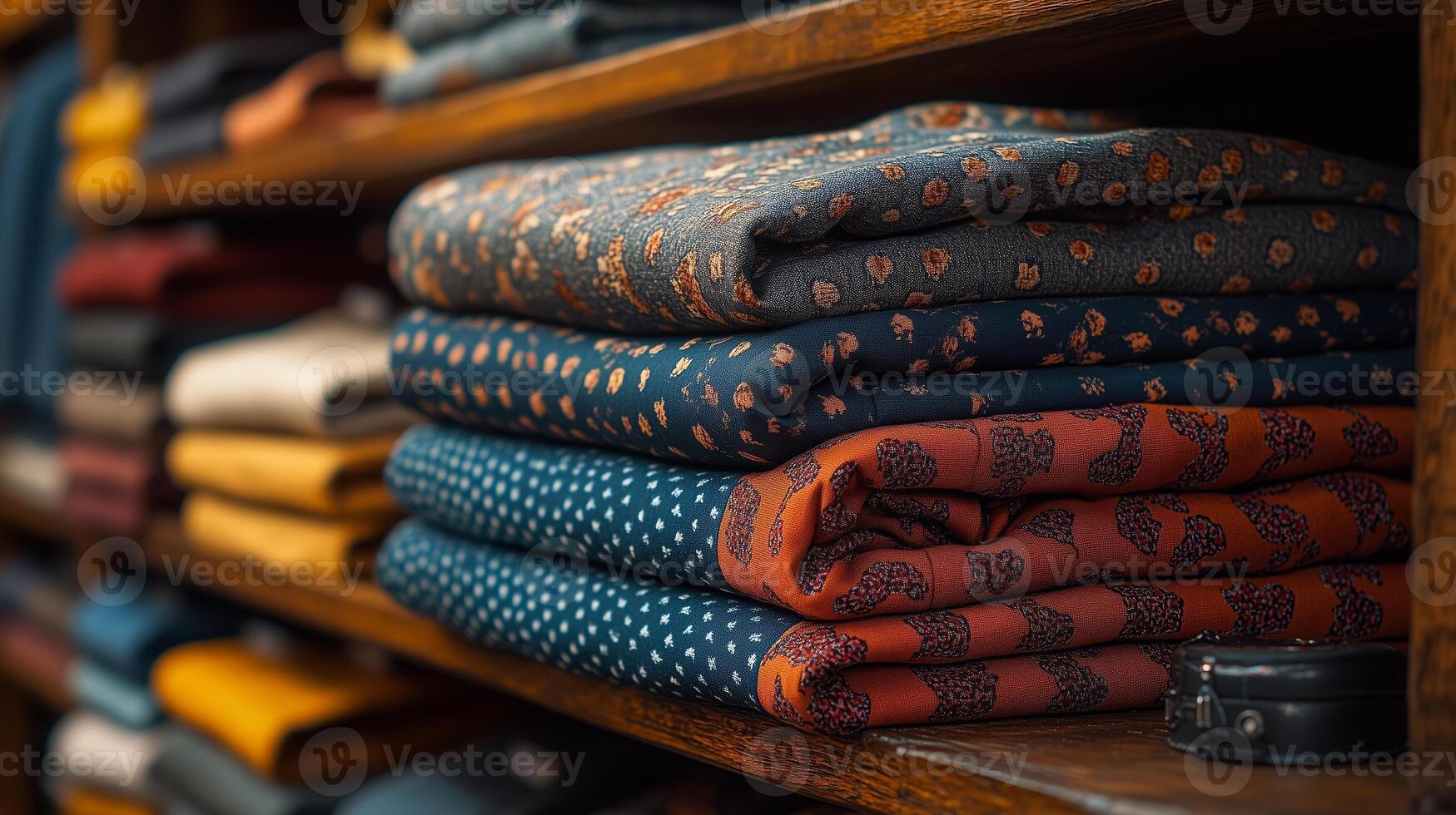 A close up shot of women's shirts folded on a display shelf. 12 photo