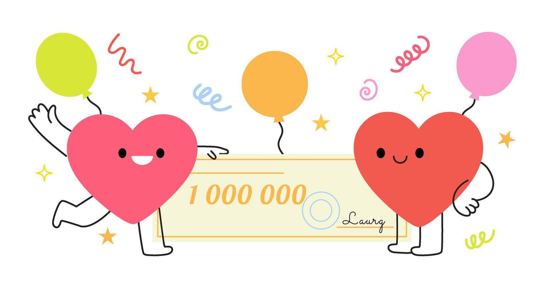 Joyful cartoon heart characters holding bank check for million vector