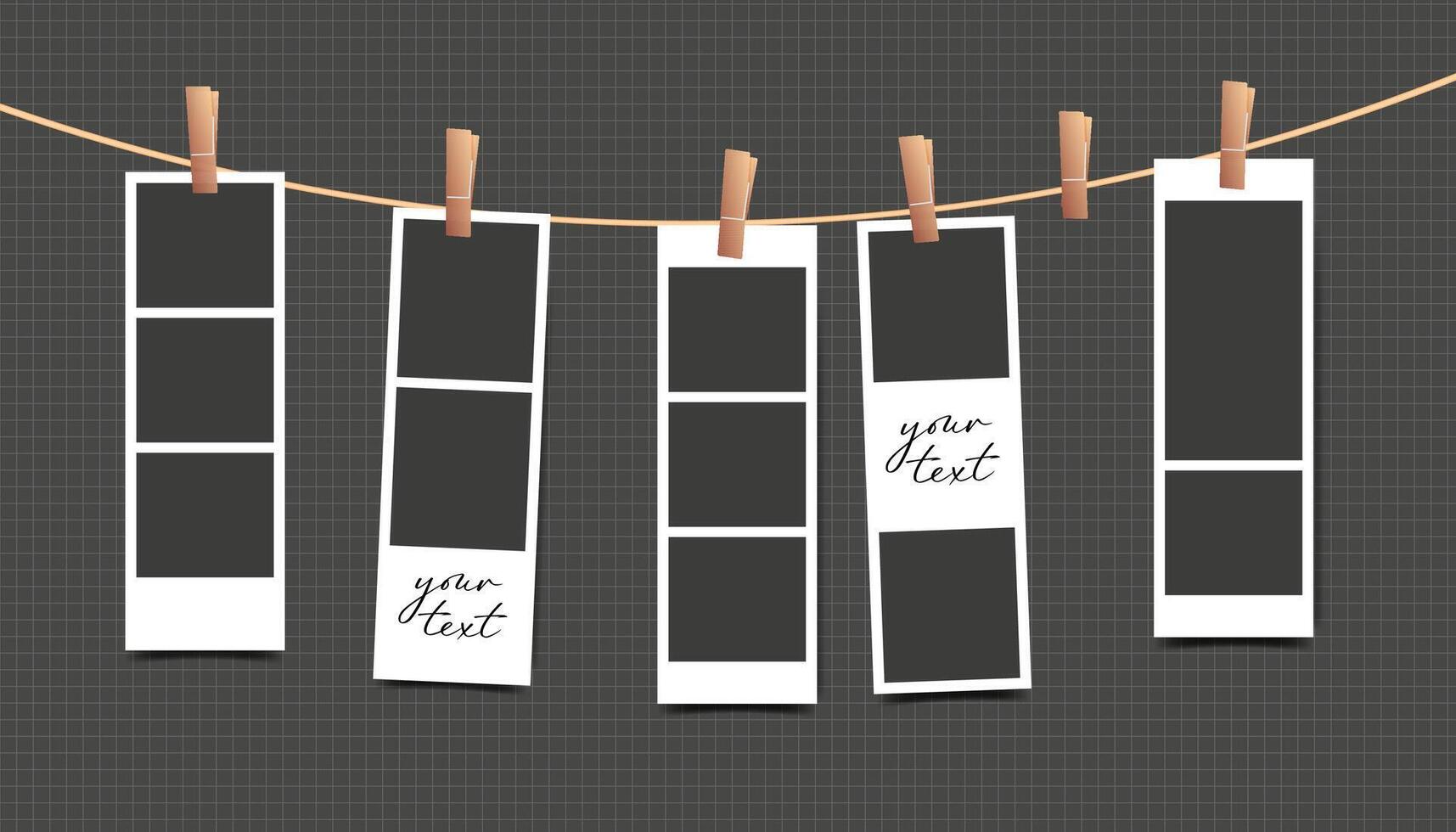 Blank photo booth stripe frame of set hanging on rope on black background vector