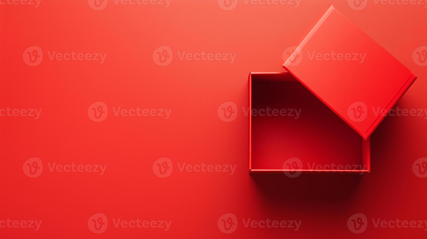 Empty red present carton box with lid opened, isolated on red background. 2 photo