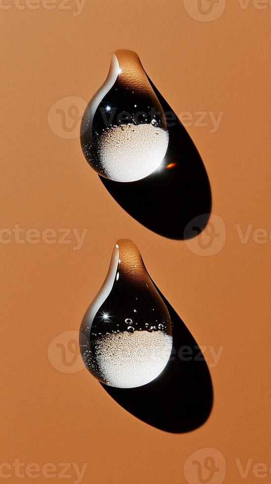 Different sizes and shapes of transparent droplets, symbolizing the diversity in beauty products. 1 photo