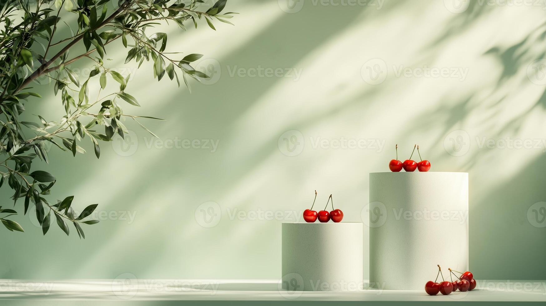 The pedestals of varying sizes and red cherry fruits with olive tree leaves are placed on the table. 1 photo