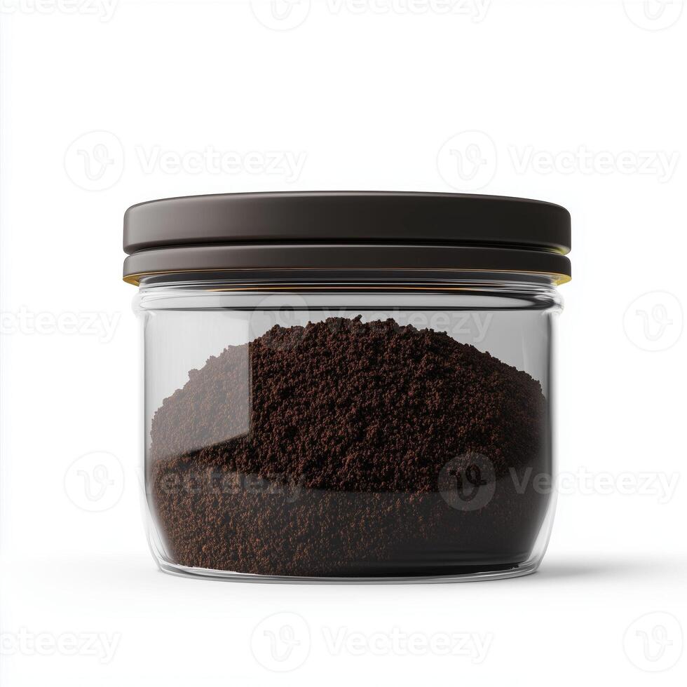Glass container of coffee grounds, on a white background. 8 photo