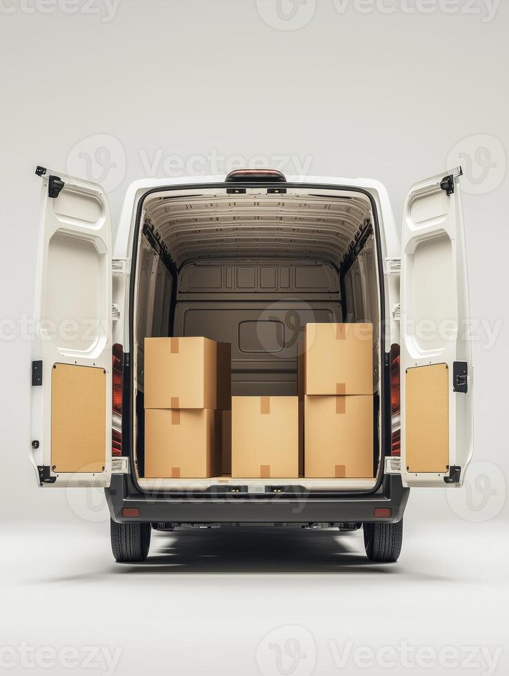 Modern delivery van with open doors, and cardboard boxes inside, isolated on a light background. 3 photo