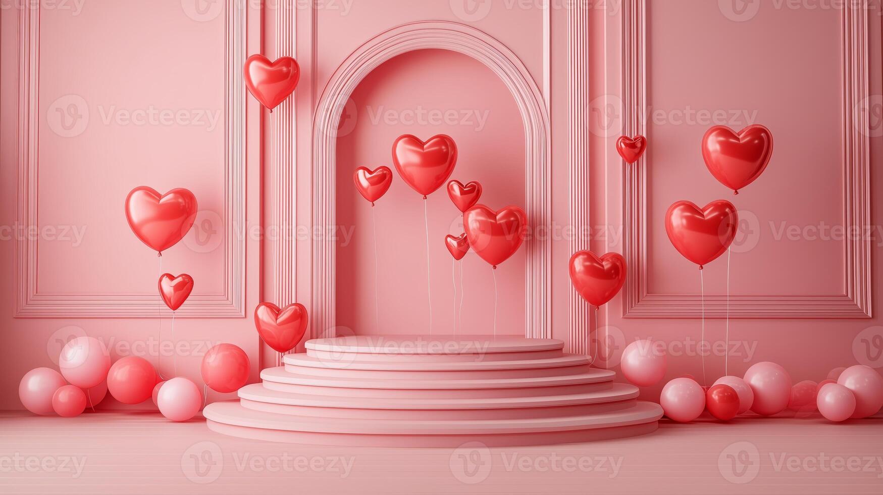 A pink wall and matching pink floor with heart-shaped balloons in red and pink tones. 12 photo