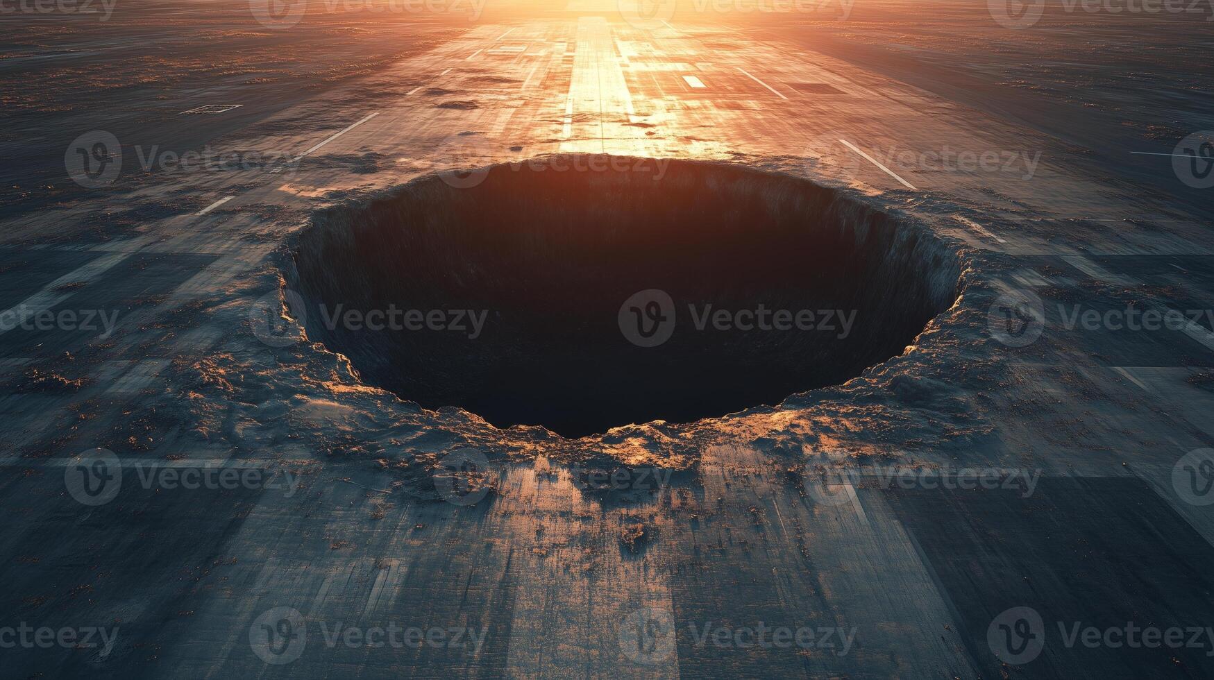 Very large, circular, dark, empty, bottomless sinkhole in the middle of an airfield strip. 7 photo