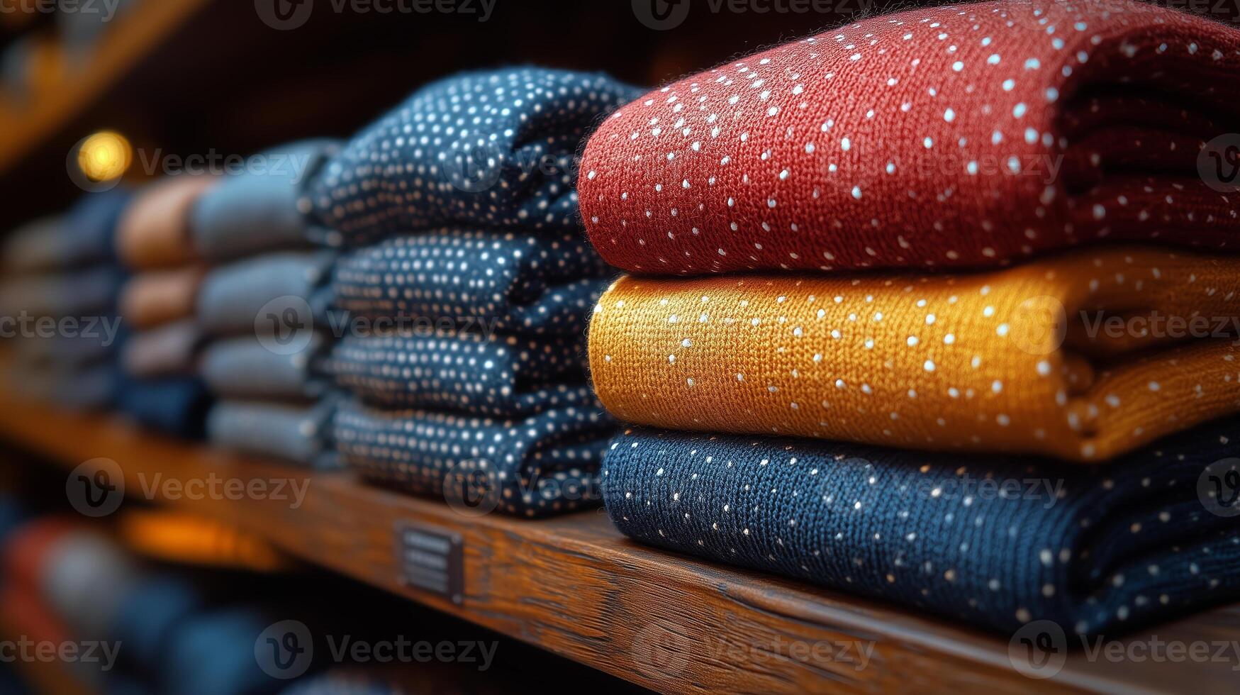 A close up shot of women's shirts folded on a display shelf. 13 photo