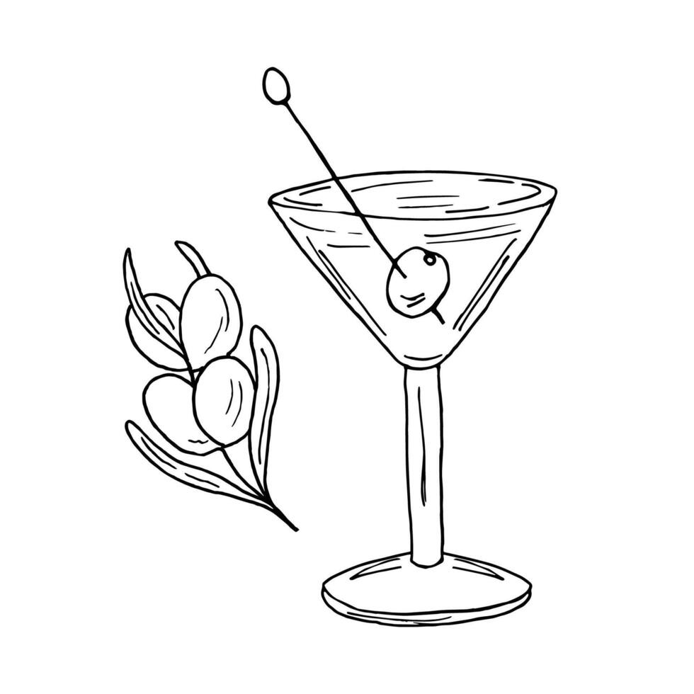 A glass with a drink and olives. Healthy drink with olives fruits. A summer refresher. illustration in doodle style. For menus of bars, restaurants, and prints. vector