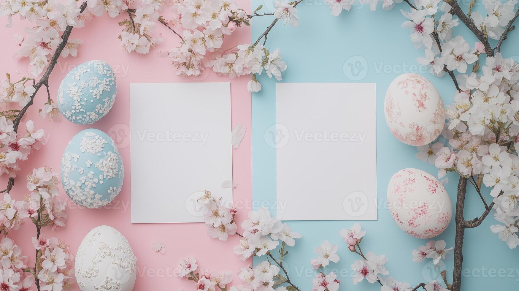Easter card mockup with eggs, and blossoms, on a pastel pink and blue background. 19 photo