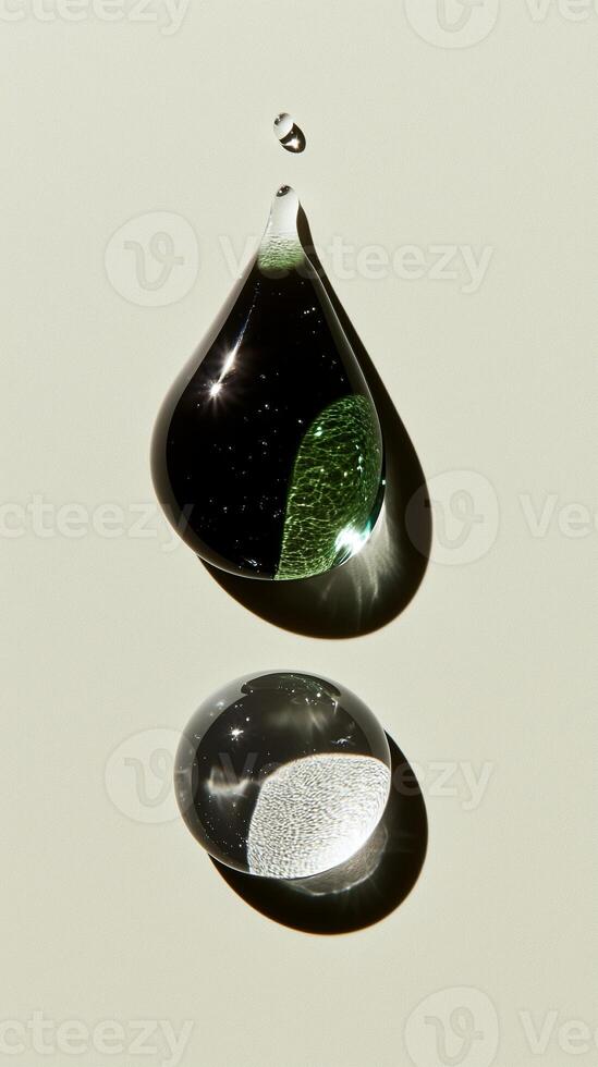 Different sizes and shapes of transparent droplets, symbolizing the diversity in beauty products. 2 photo