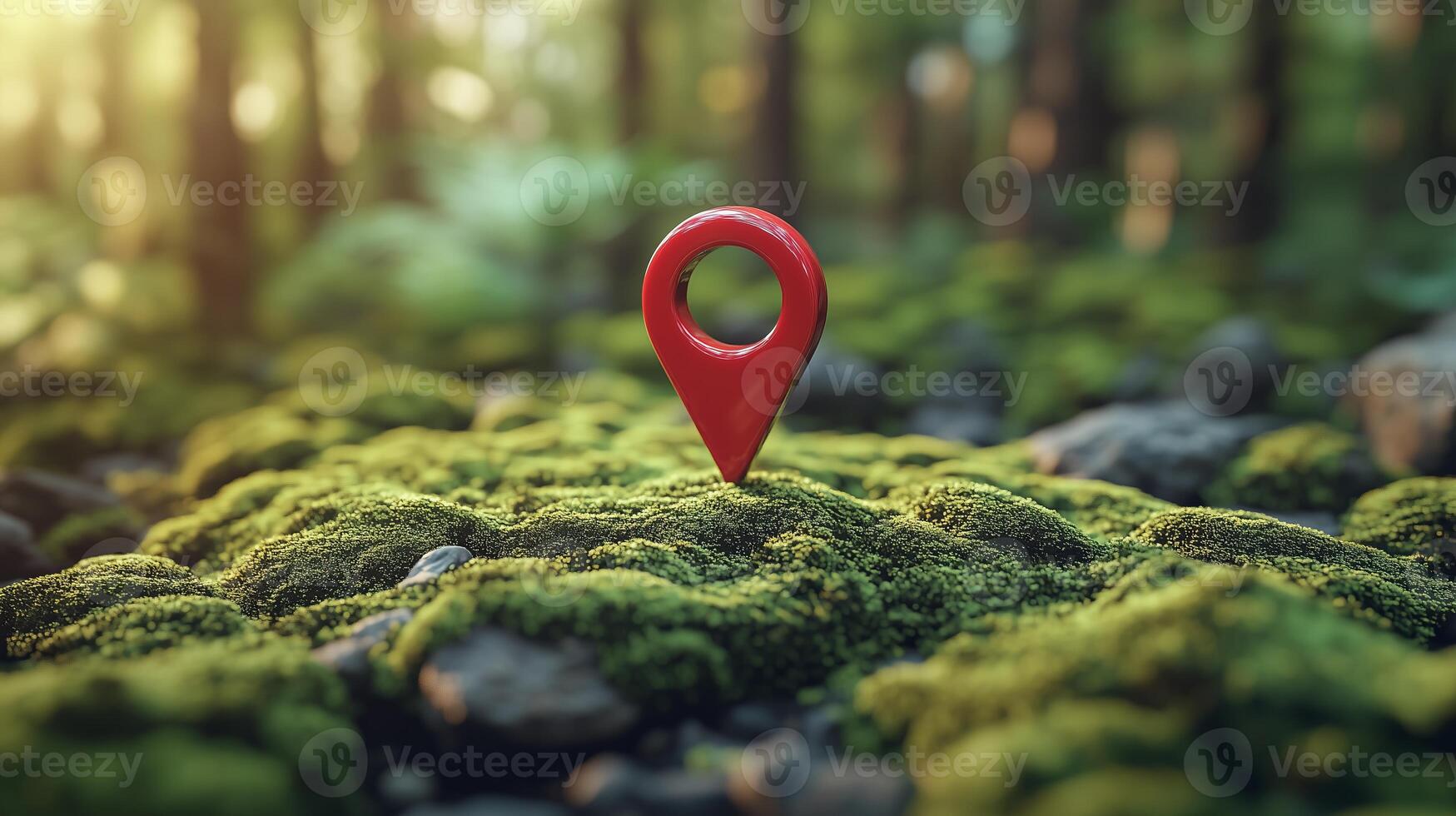 3D red location pin icon on the map, on top of mossy ground. 1 photo