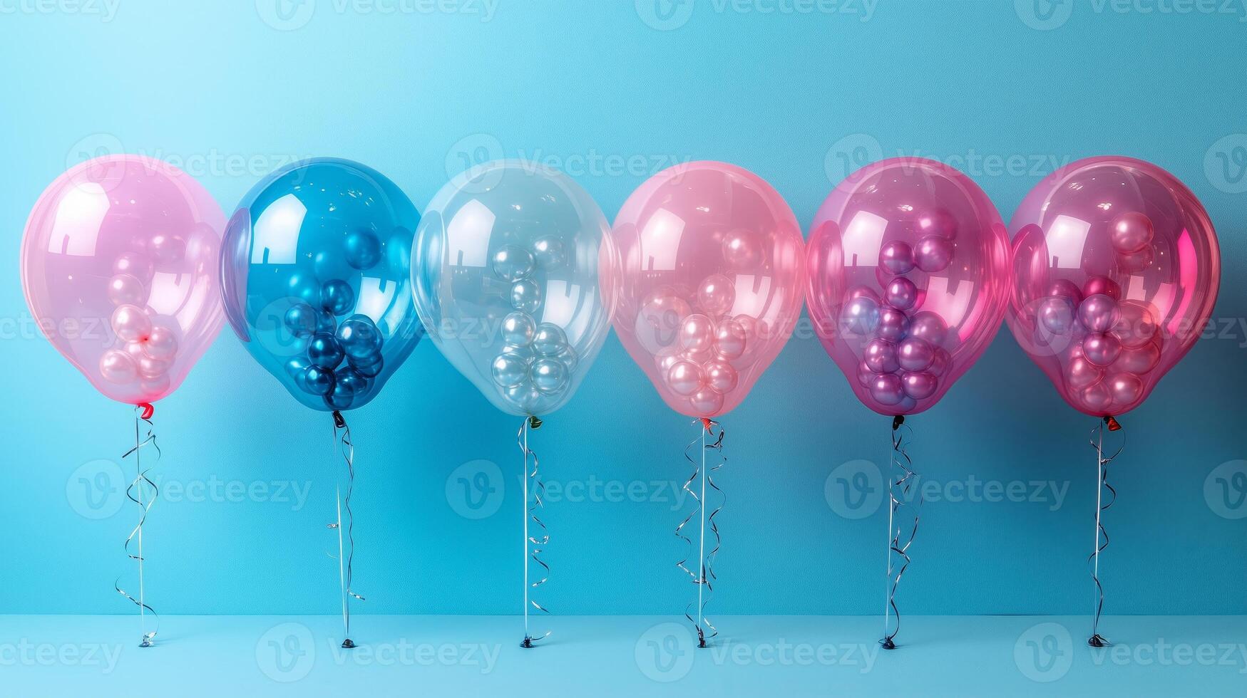 A bunch of transparent balloons in pastel colors on a pastel background. 15 photo