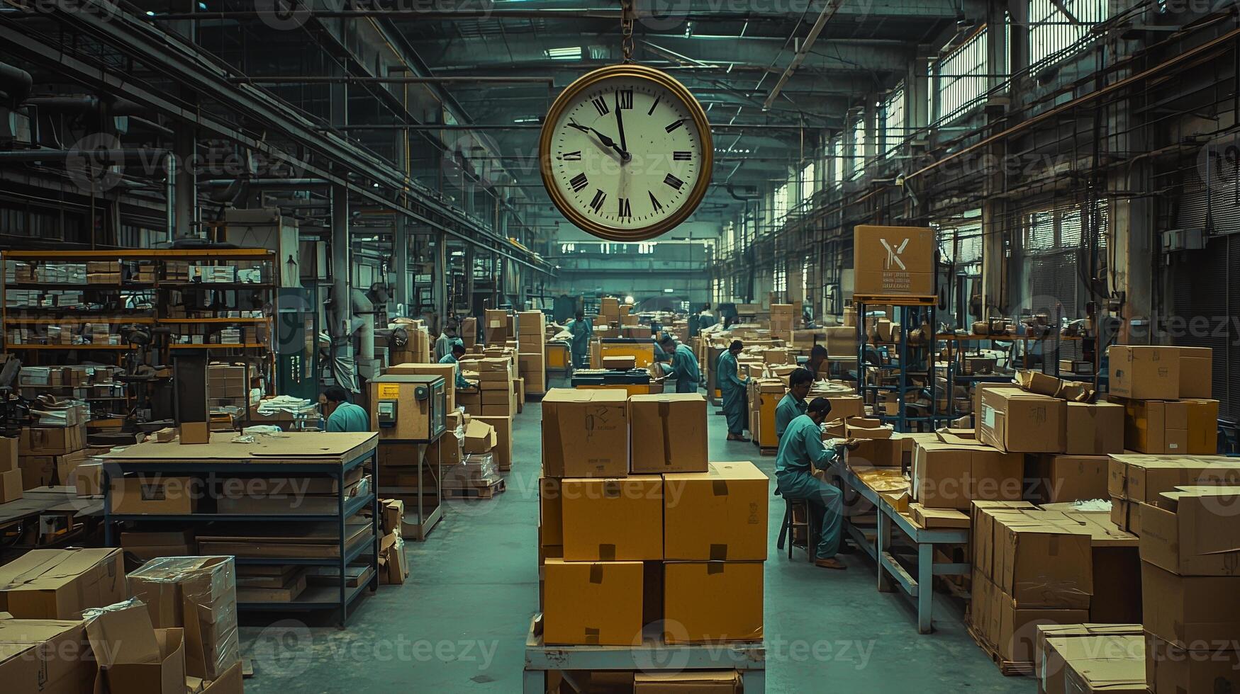 A clock hangs in the center of an Indian factory hall, surrounded by boxes and workers. 5 photo