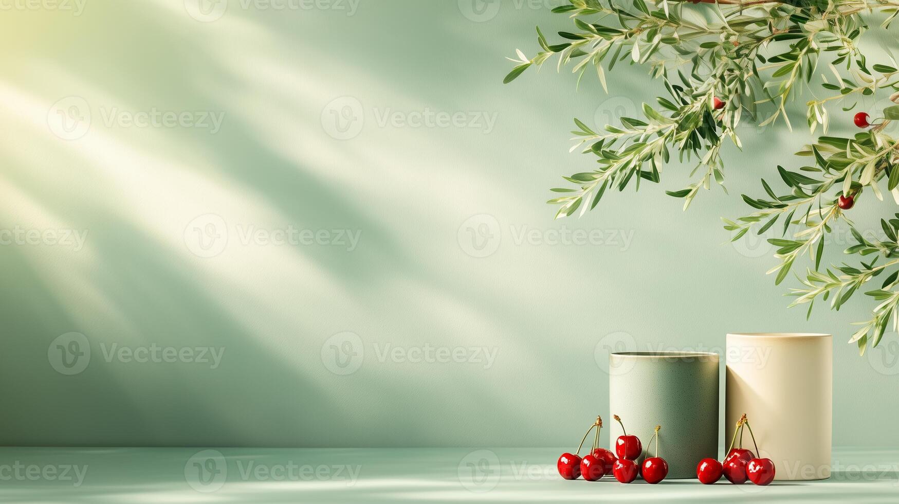 The pedestals of varying sizes and red cherry fruits with olive tree leaves are placed on the table. 2 photo