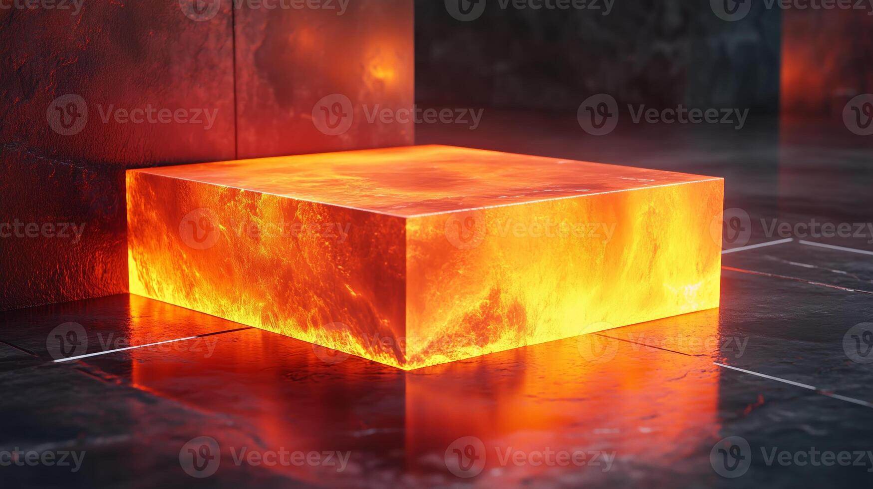 A glowing box of lava on the floor, with a minimalist background. 3 photo