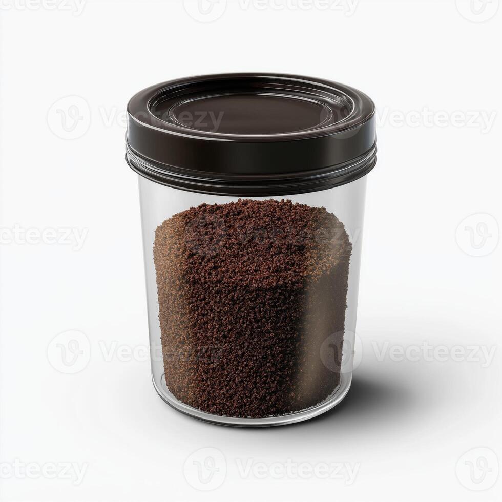 Glass container of coffee grounds, on a white background. 9 photo