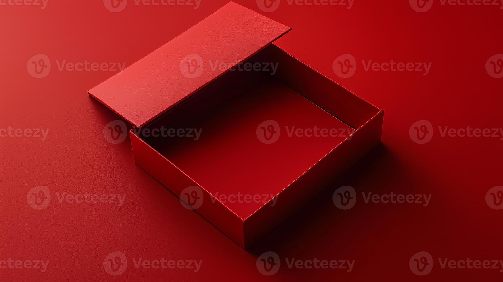 Empty red present carton box with lid opened, isolated on red background. 4 photo