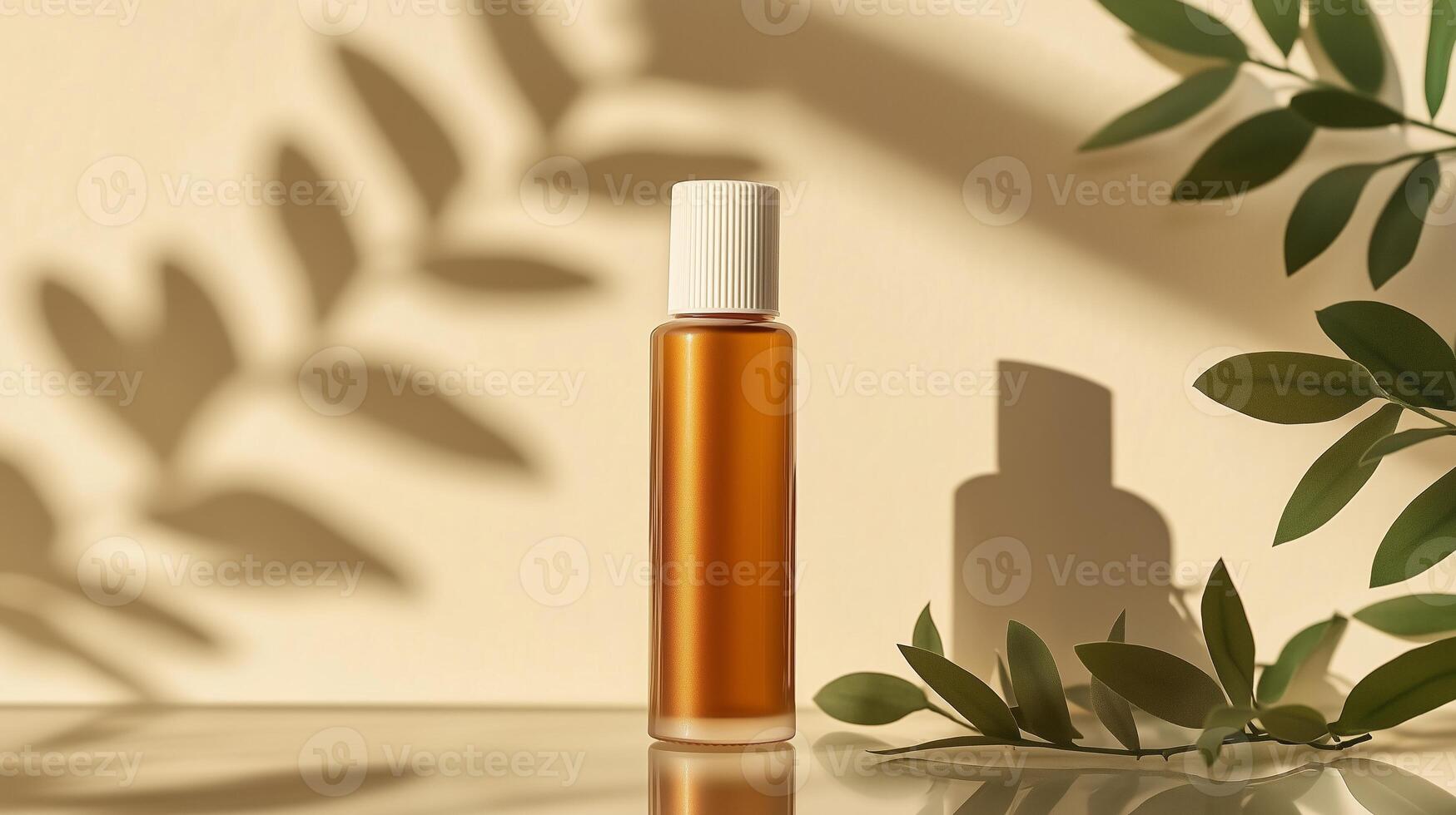 A bottle of skin care product, stands on a glass table, surrounded by shadows from plants. 8 photo
