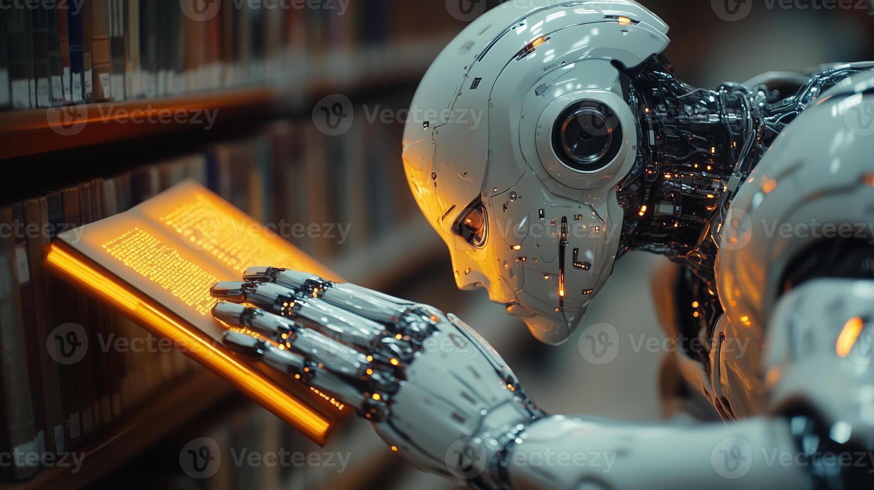 The robots hand reaching for a book in a library with orange neon accents. 8 photo
