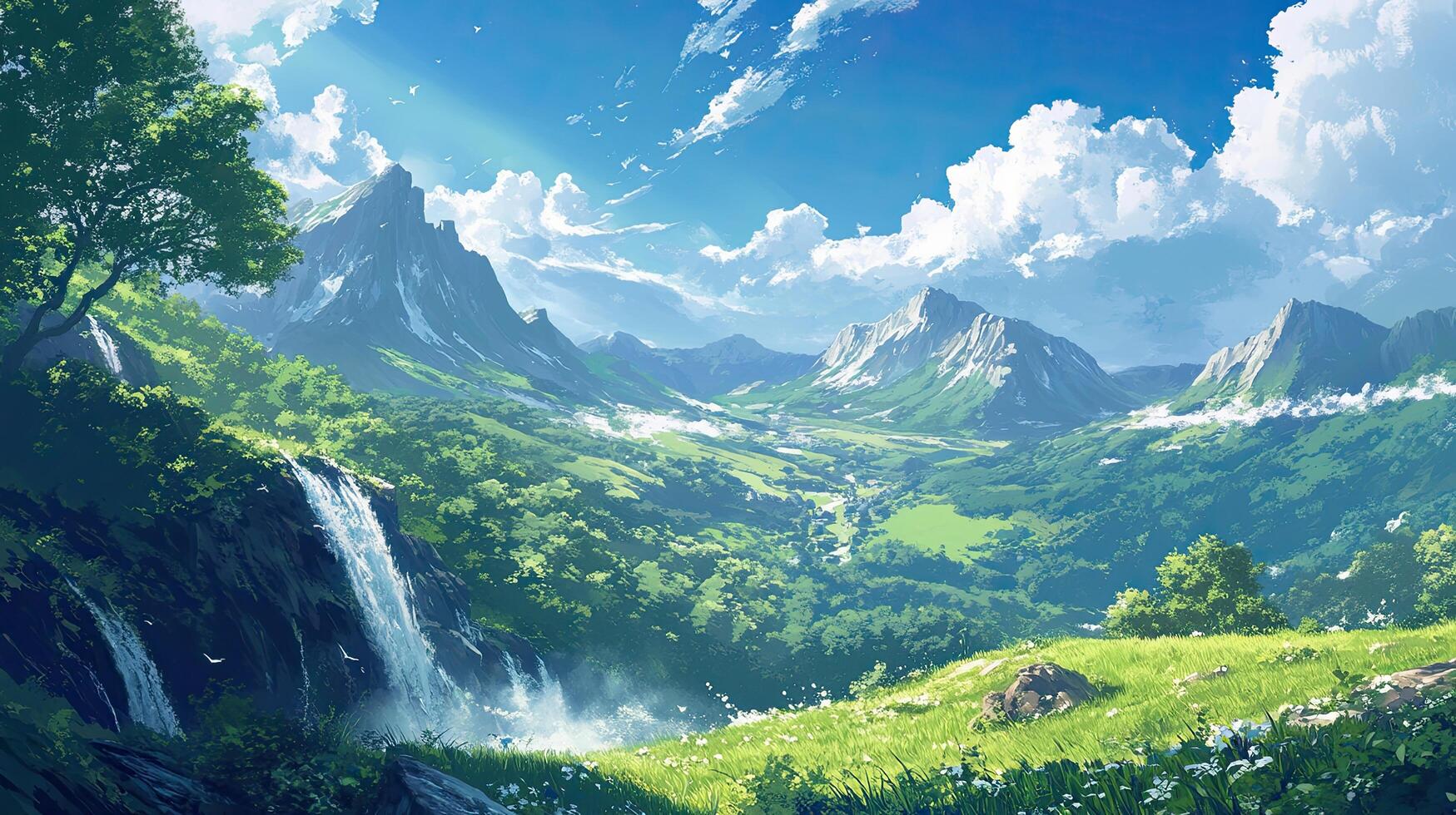 Lush Green Mountain Valley Landscape with Clear Blue Sky and Rolling Hills photo
