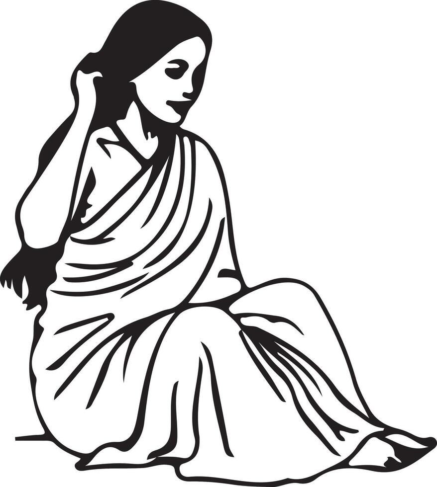 A woman sitting on the ground combing her hair, silhouette line art illustration on white background vector