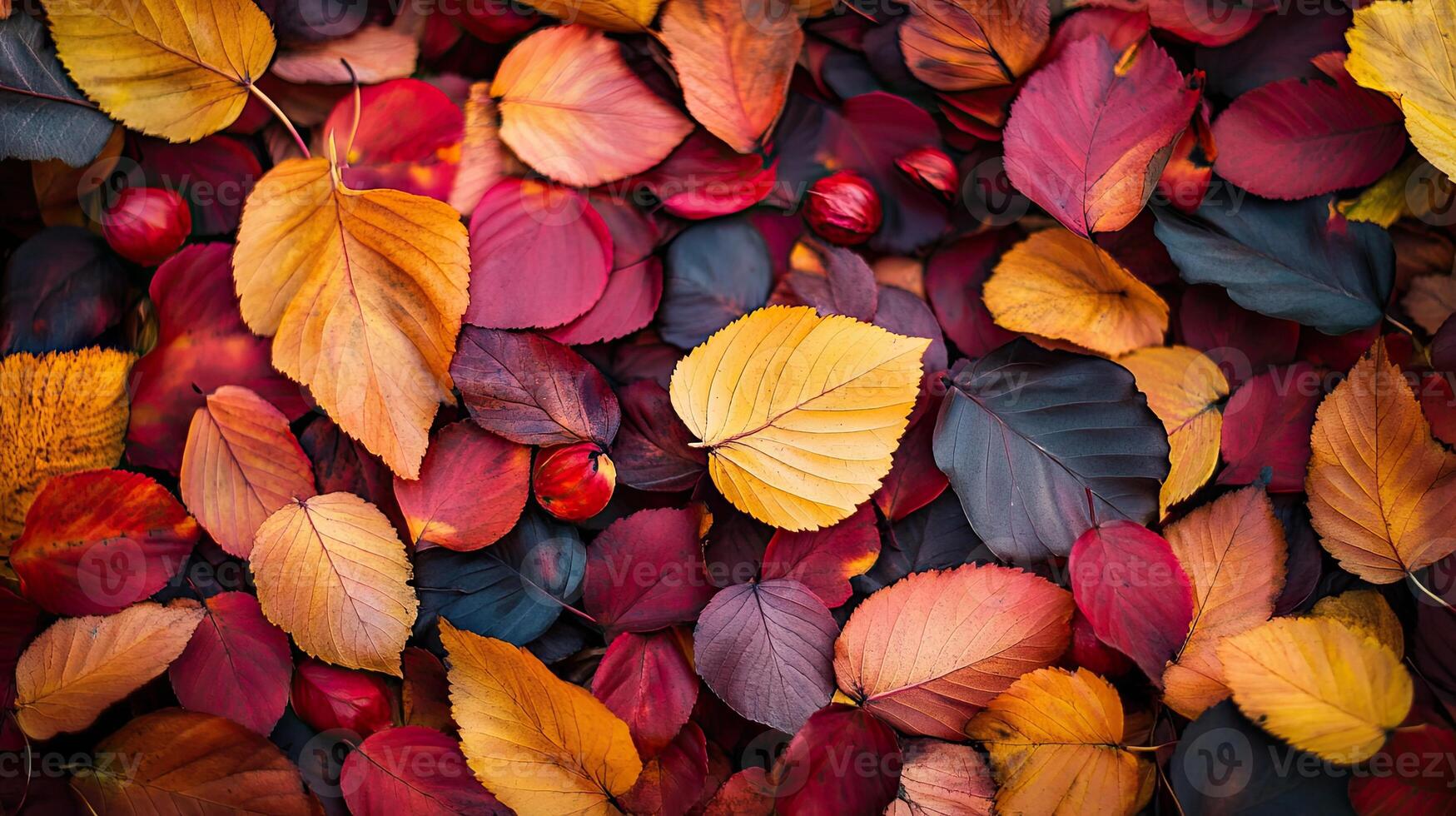 Pile of Colorful Autumn Leaves in Red Yellow and Orange Hues with Natural Textures and Seasonal Foliage Creating a Vibrant Background photo