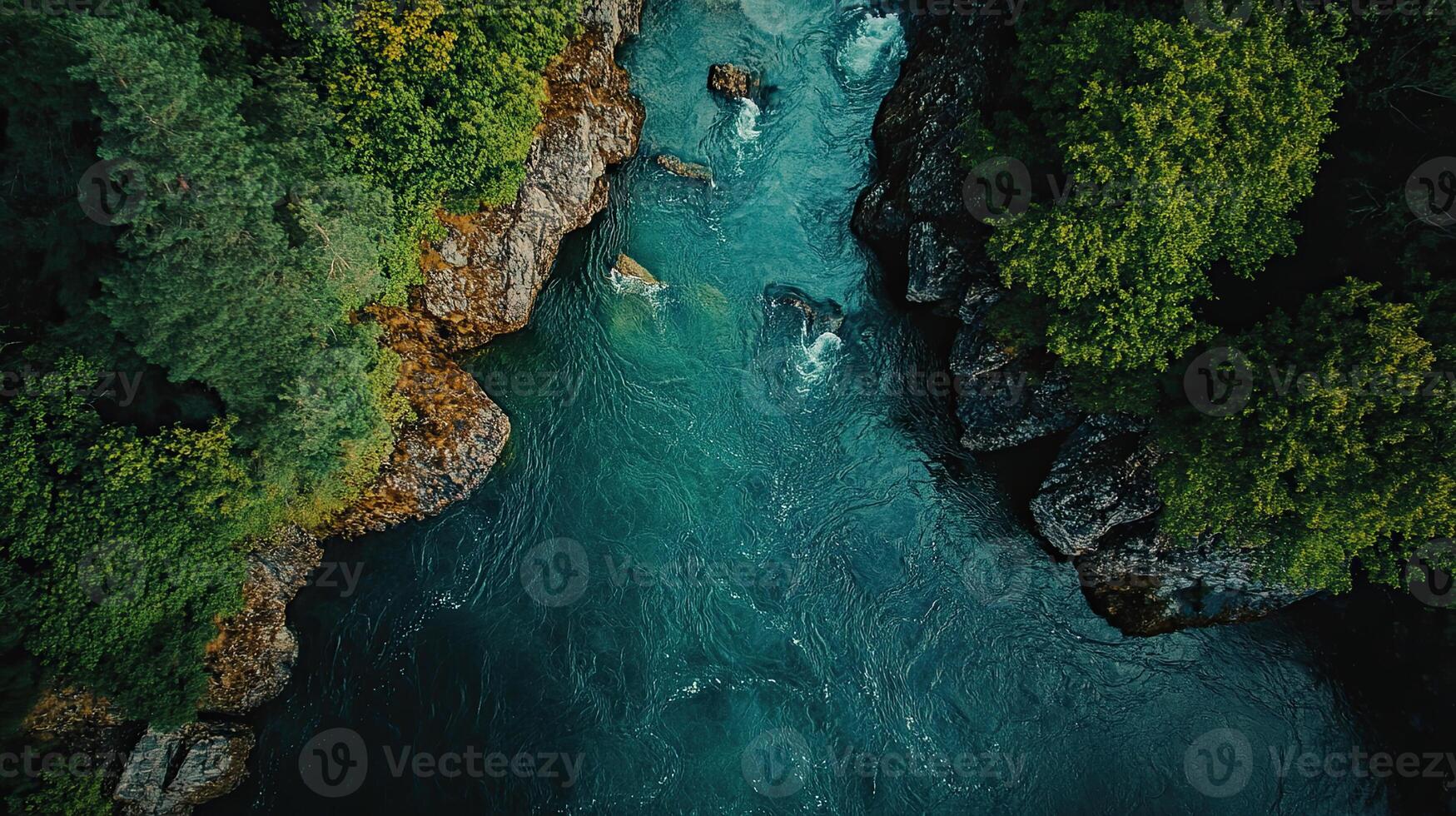 Overhead View of Dark Blue River Flowing Through Lush Green Forest on Rocky Terrain Under Natural Lighting photo