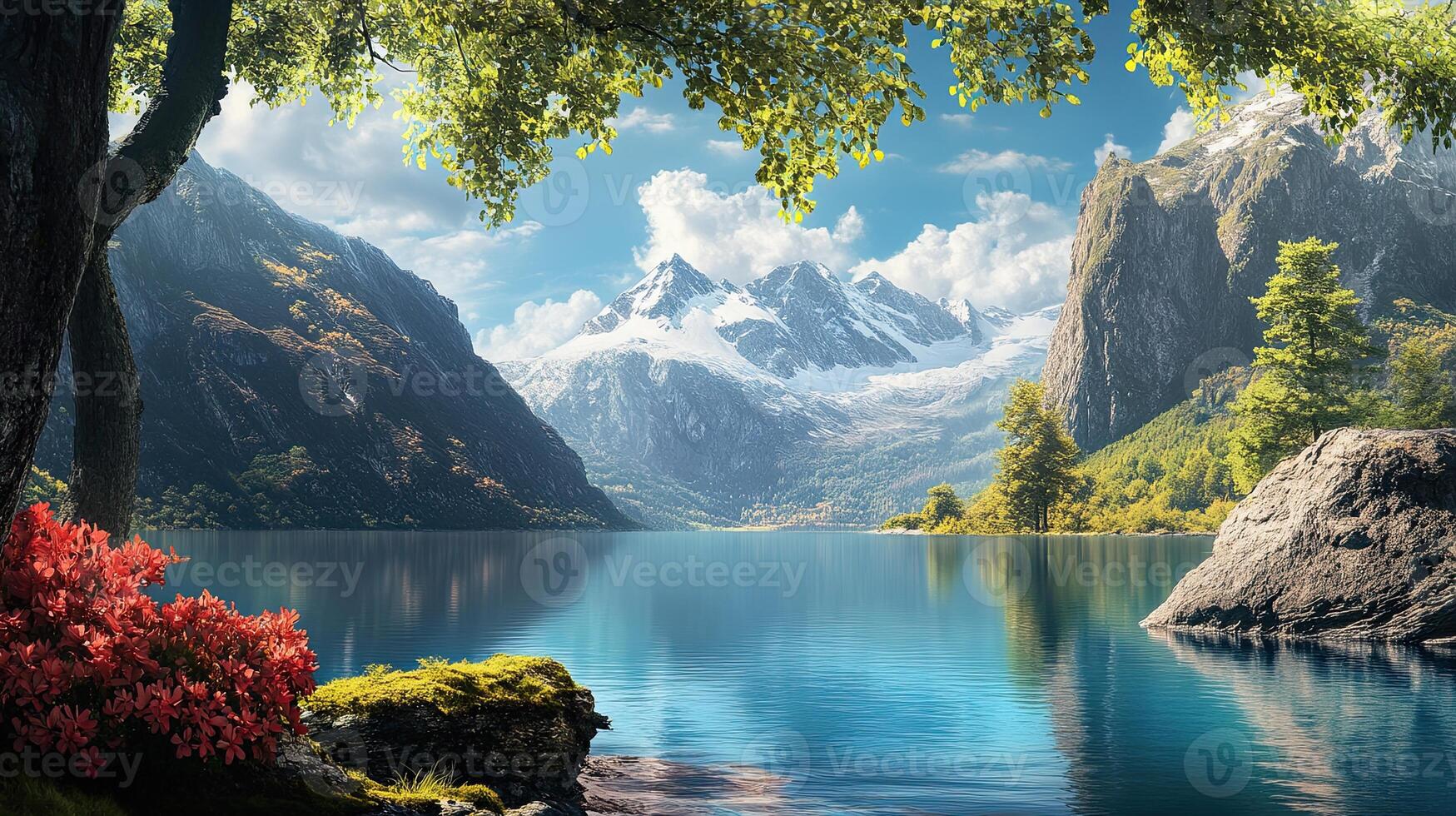Picturesque Lake Surrounded By Mountains and Lush Foliage Under a Bright Sky Featuring Reflections in the Water and Serene Atmosphere photo