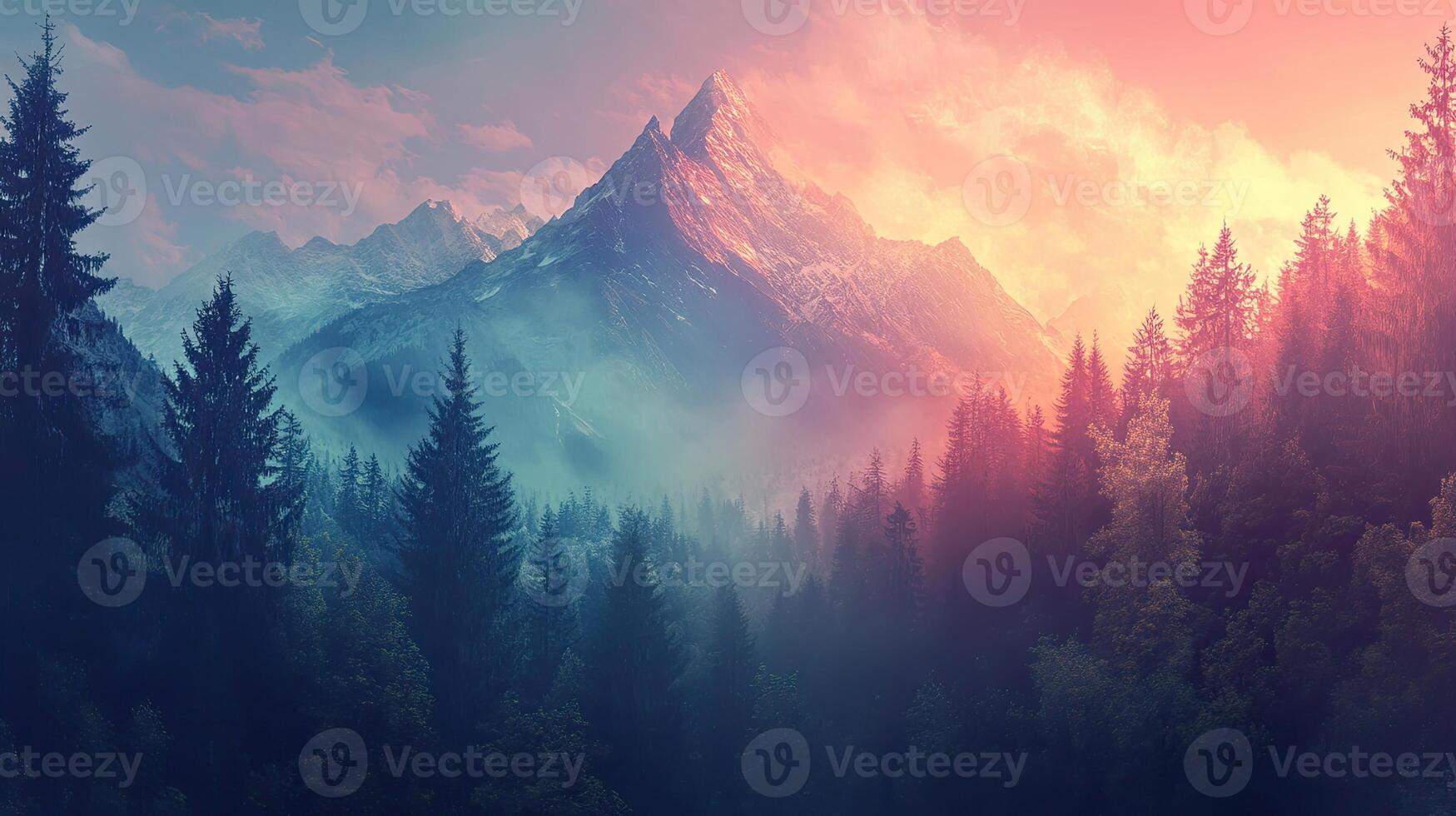 Majestic Mountain Landscape with Snow Capped Peaks and Dense Forest Under Dramatic Sky in Shades of Blue Pink and Orange photo
