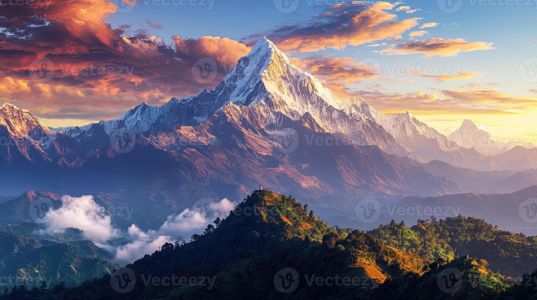 Majestic Snowy Mountain Peak Landscape with Forest at Sunset Under Cloudy Sky in Warm Tone photo