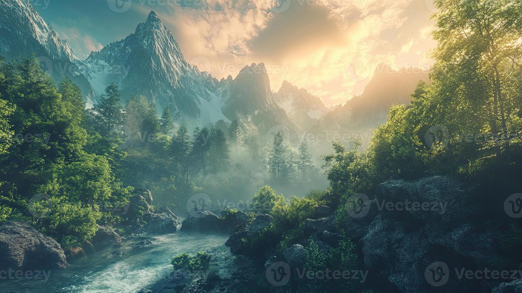 Mountain Landscape with Lush Green Trees and Flowing River Under Bright Sunlight in Dramatic Sky photo