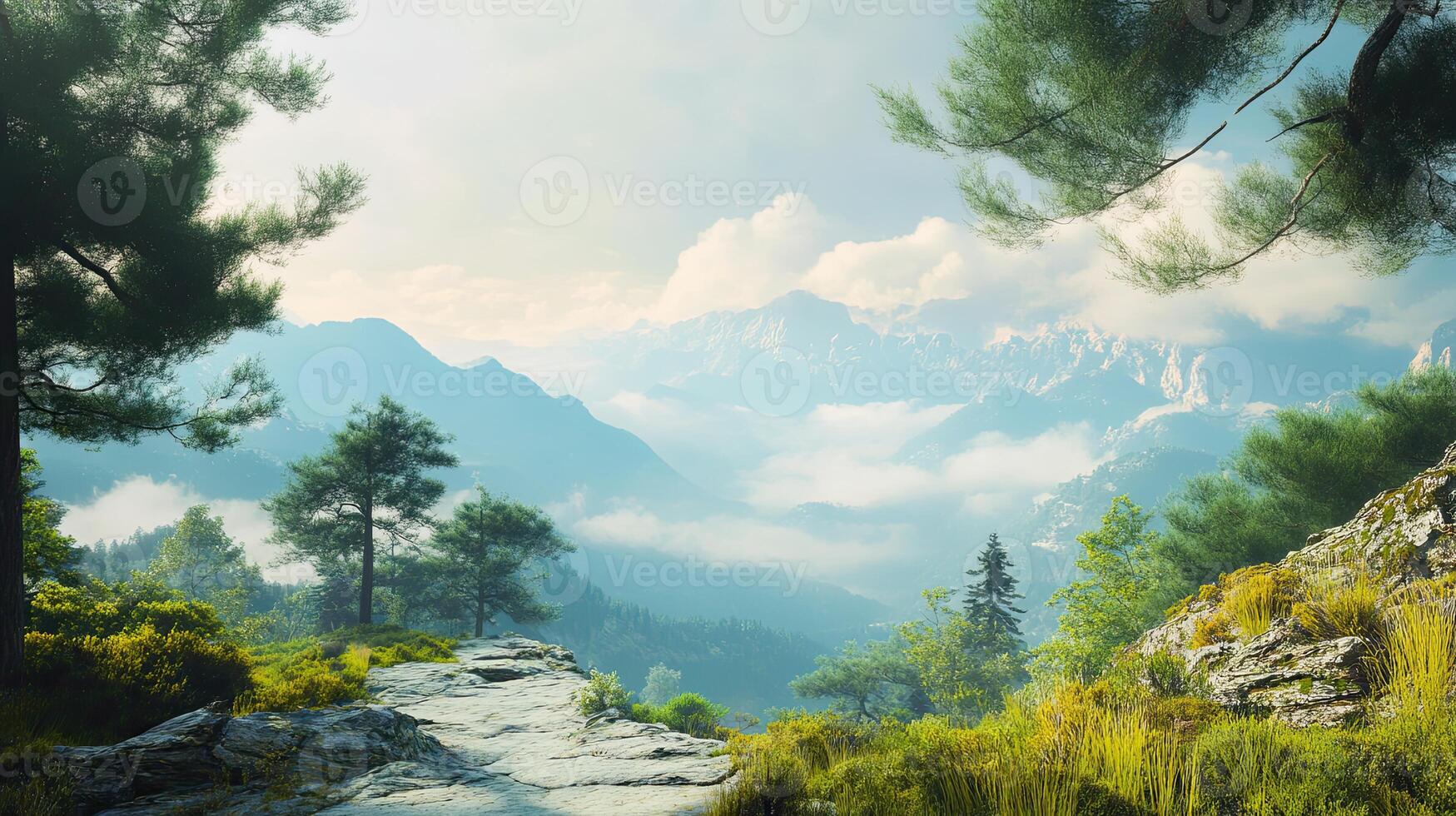 Lush Green Mountain Range Under a Cloudy Sky with Dense Forest in Daytime Natural Light Hilly Terrain and Serene Backdrop Scenic Vista with Distant Peaks photo