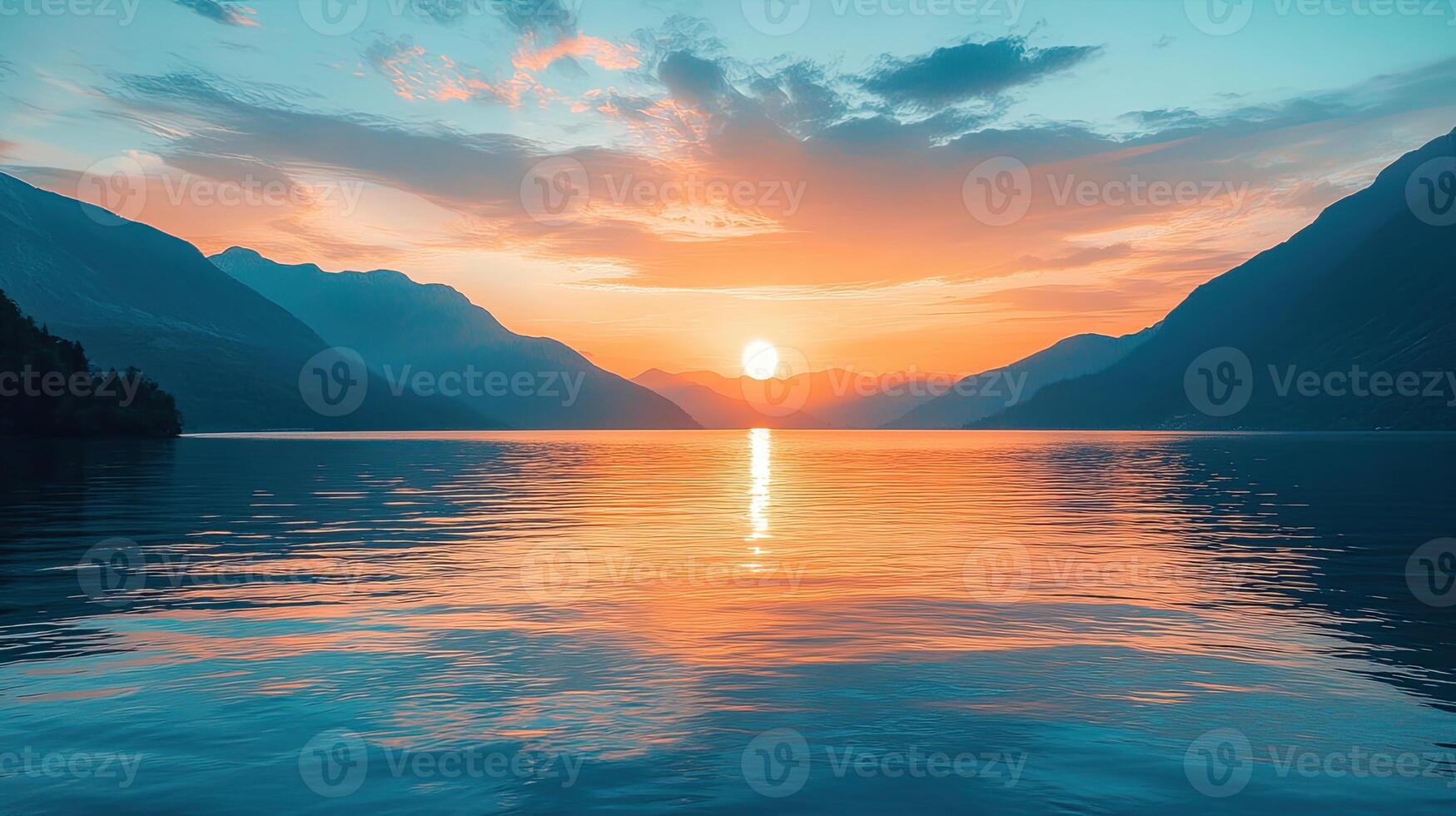 Picturesque Sunset Over Calm Lake with Mountain Backdrop and Reflections in Teal and Orange Tone photo