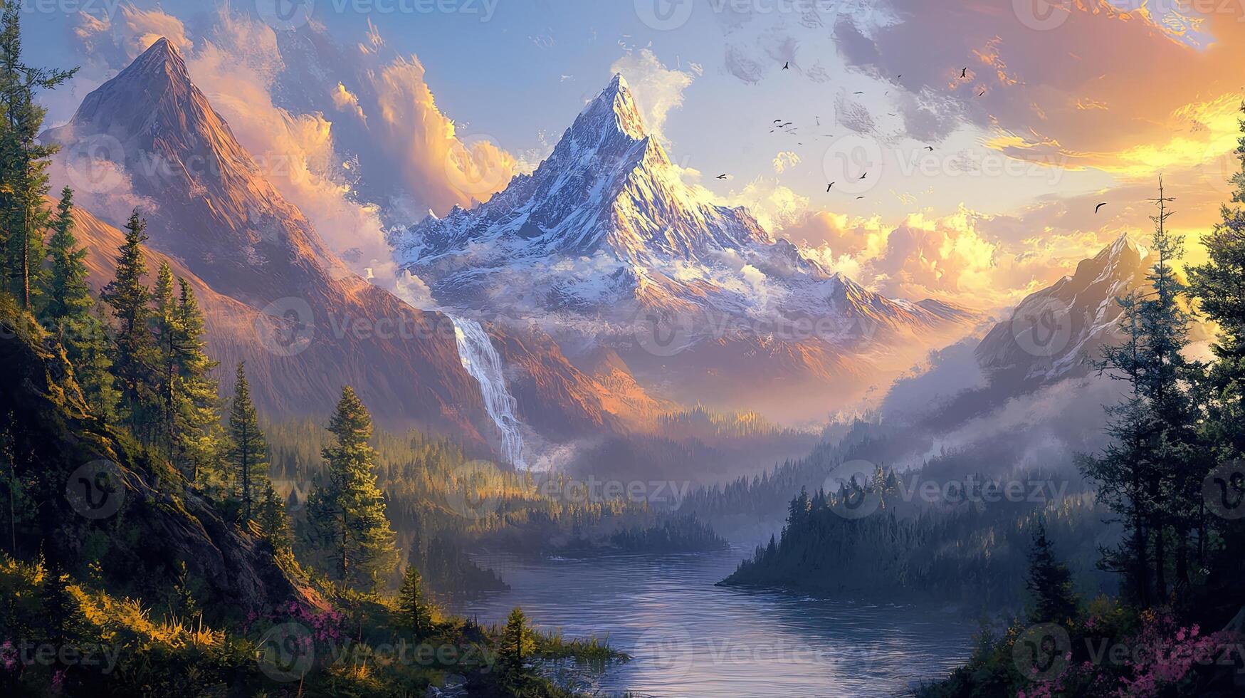 Pixel Art Mountain Landscape with Sunlit Clouds over Green Forest Valley and a River in Detailed Pixelated Scenery photo