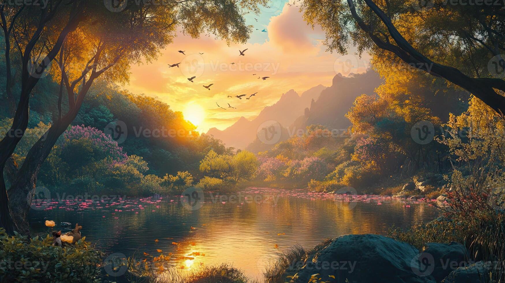 Majestic Landscape View with Lake Reflecting Golden Sunset Light Surrounded By Lush Green Trees and Distant Mountains Under Warm Sky photo