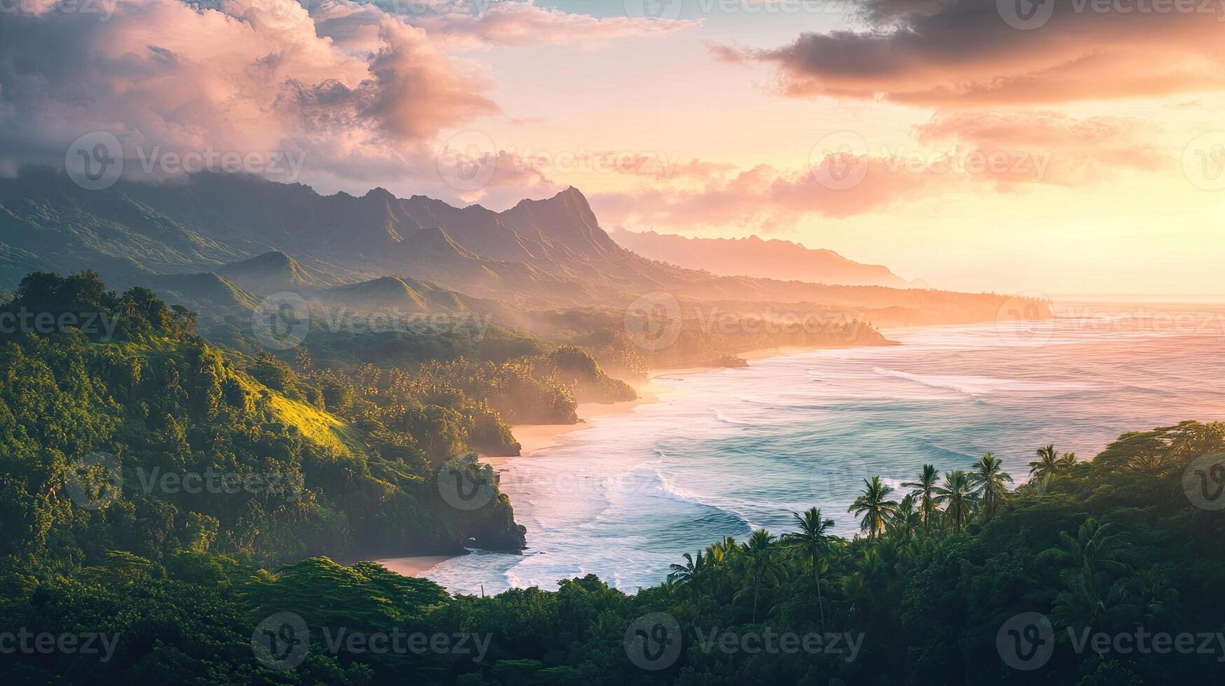 Picturesque Coastal View with Lush Green Vegetation Gentle Waves and Soft Hues of Sunset photo
