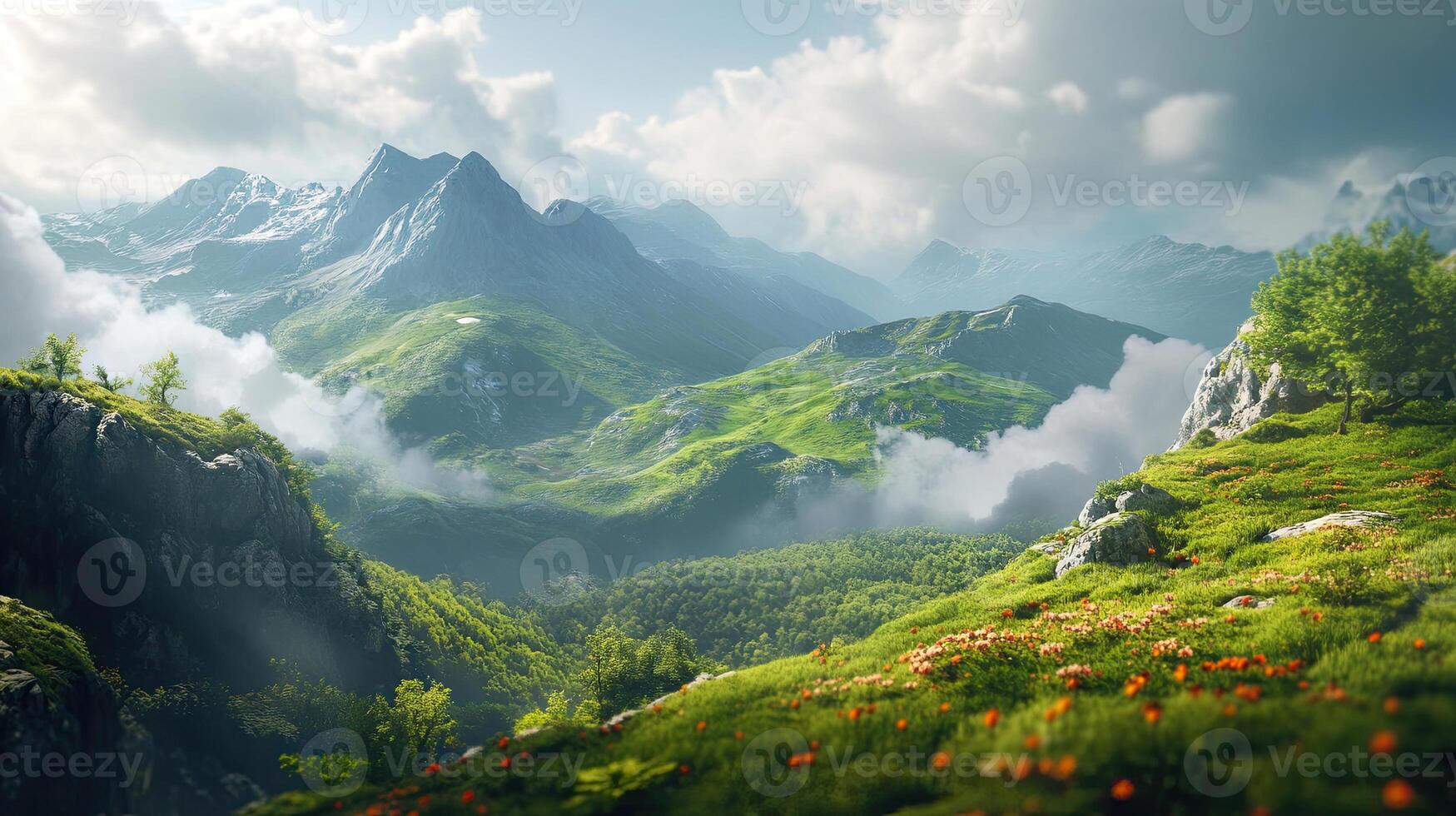 Lush Green Mountain Range Landscape with Cloudscape and Pixelated Terrain Under Daylight photo