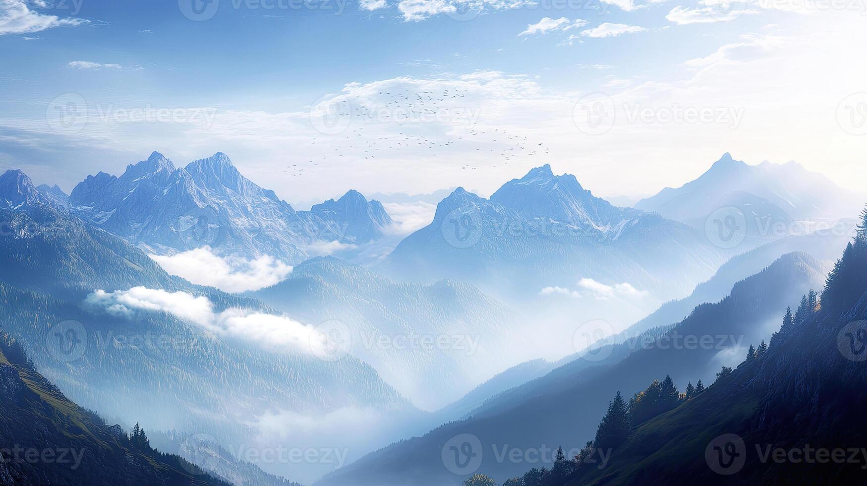 Scenic Vista of Layered Blue Ridge Mountains with Foggy Valley and Sunlight Streaming Through a Hazy Sky photo