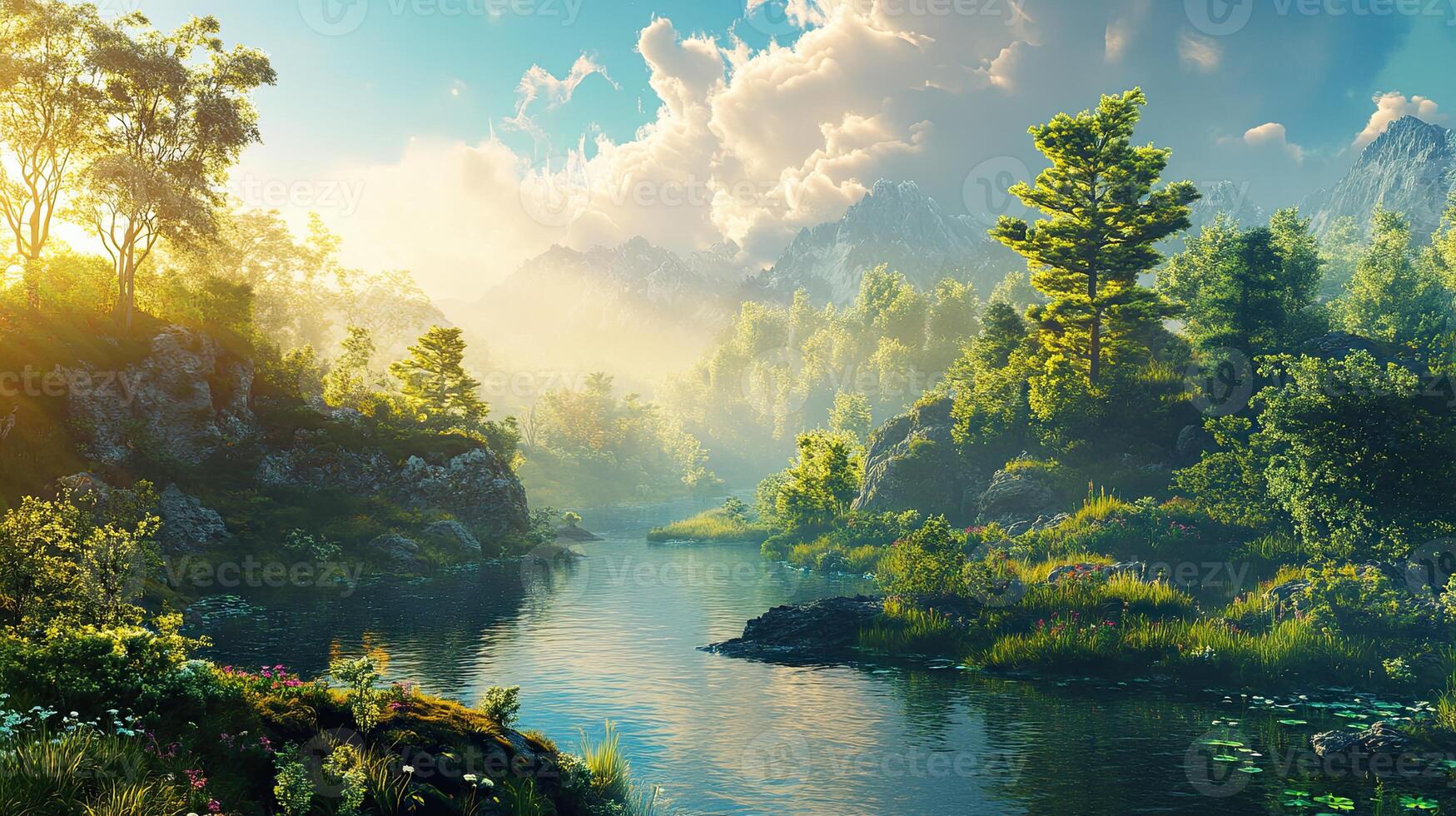 Sunlight Illuminating Green Forest Over River with Mist in a Tranquil Landscape Under a Blue Sky with Clouds photo