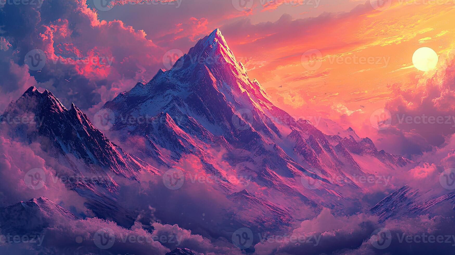 Pixelated Mountain Landscape Featuring Snowy Peaks Under Colorful Sky with Clouds During Sunset photo