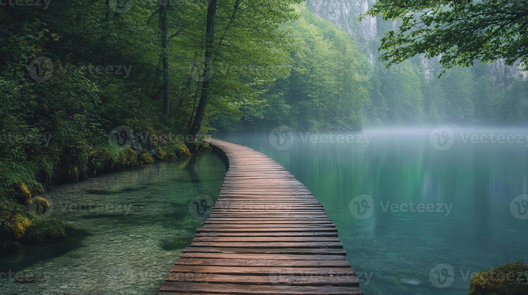 Wooden Boardwalk Through Misty Forest Lake Green Foliage Under Sunlight photo