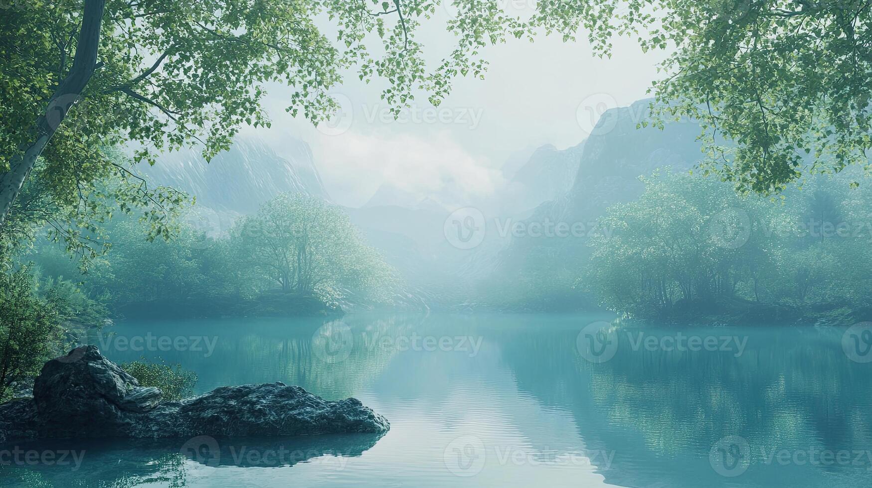 Serene Lake Surrounded by Lush Green Trees and Mist Covered Mountains in Soft Light photo