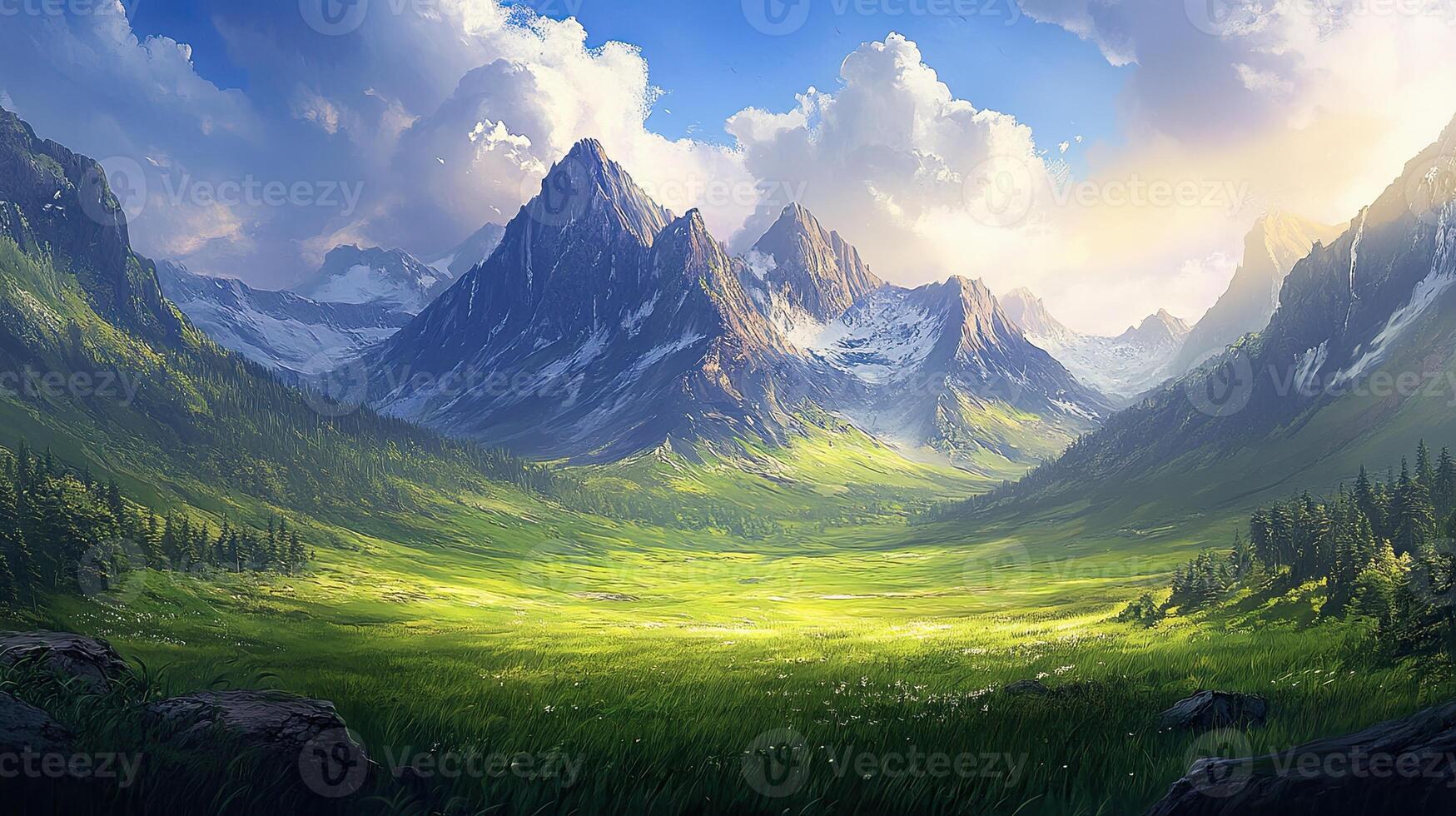 Scenic Mountain Landscape with Green Valley and Blue Sky Under Sunlight Featuring Pixelated Style photo