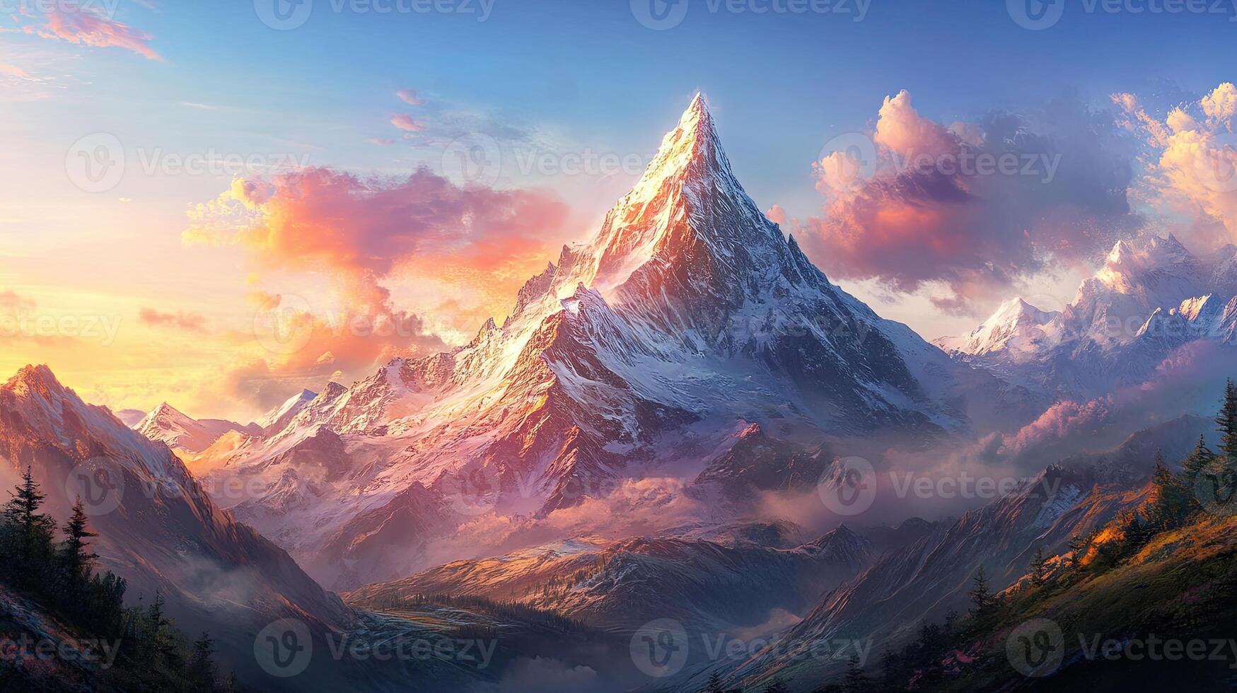 Pixelated Mountain Peak at Sunrise with Snowy Slopes and Clouds with Hues of Orange and Purple with Green Forest in the Valley photo