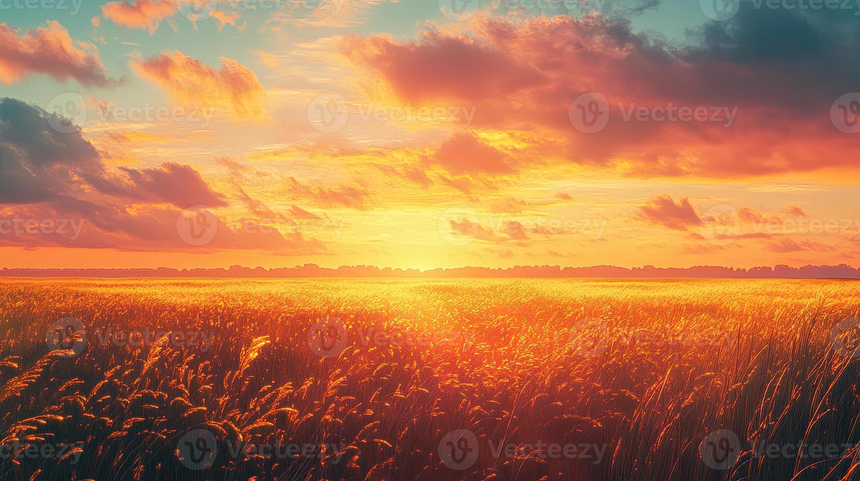 Vibrant Golden Sunset Over Field Landscape with Dramatic Cloudscape in the Horizon Nature Scenery photo