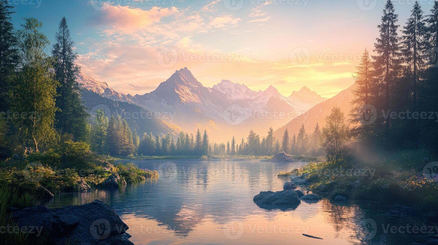 Serene Pixel Art Landscape of Mountain Lake with Forest Reflection at Sunset photo