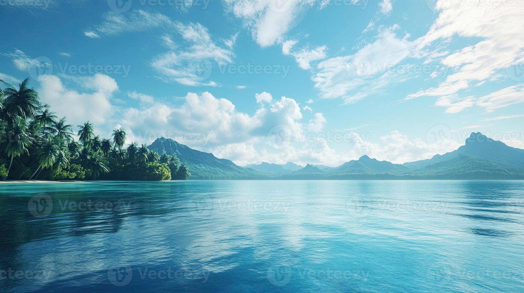Serene Tropical Island With Turquoise Water and Lush Greenery Under a Partially Cloudy Sky photo