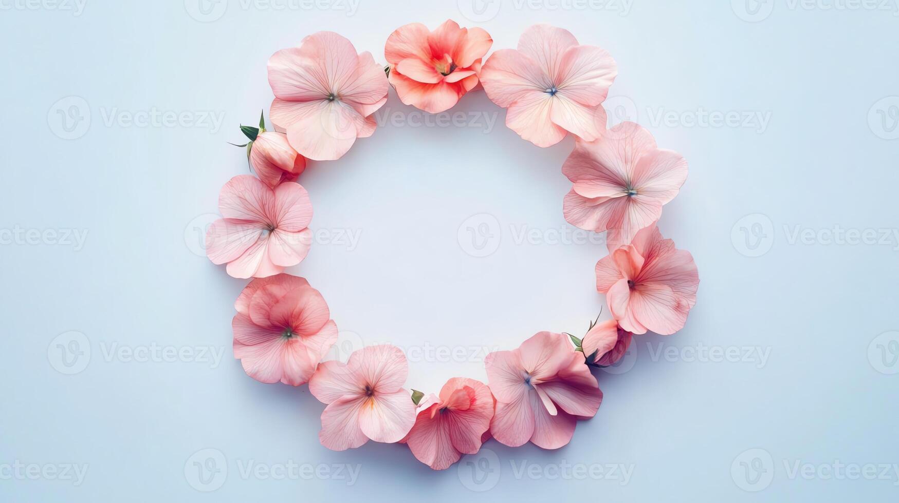 Floral Wreath of Delicate Pink Petal Flowers on White Background Creates a Simple Design photo