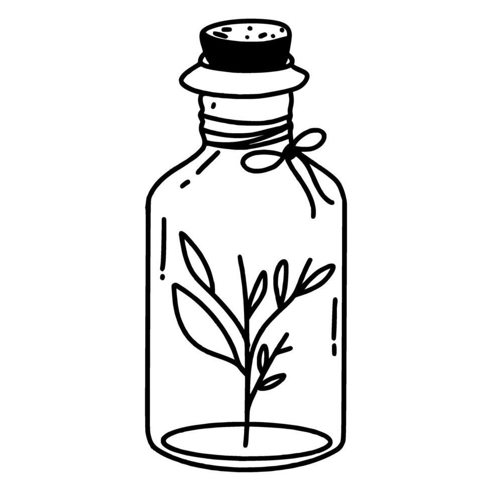 A plant in a bottle happy Halloween concept, black and white hand drawn line art illustration vector