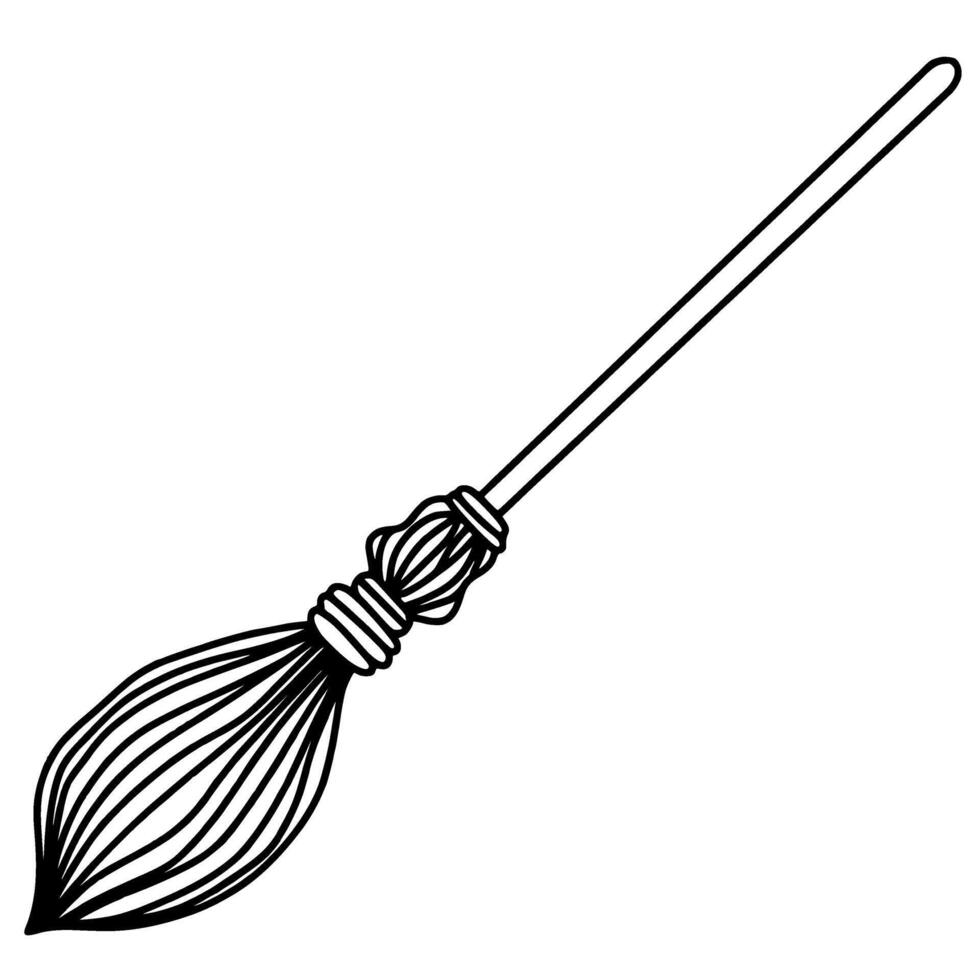 The witch's broomstick happy Halloween concept, black and white hand drawn line art illustration vector